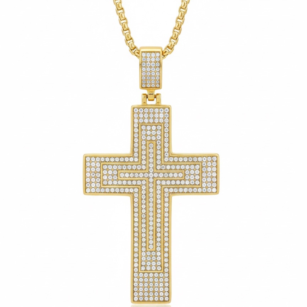 Layered Cross Pendant Necklace (Gold-Plated Stainless Steel, 24” Chain Included)